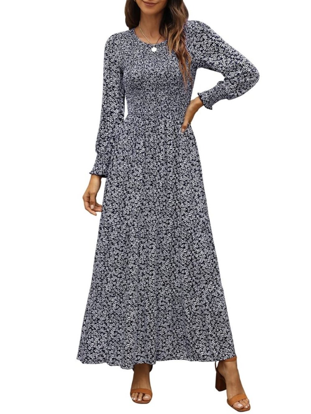 Women's 2026 Spring Casual Long Sleeve Maxi Dress Boho Floral Smocked A-Line